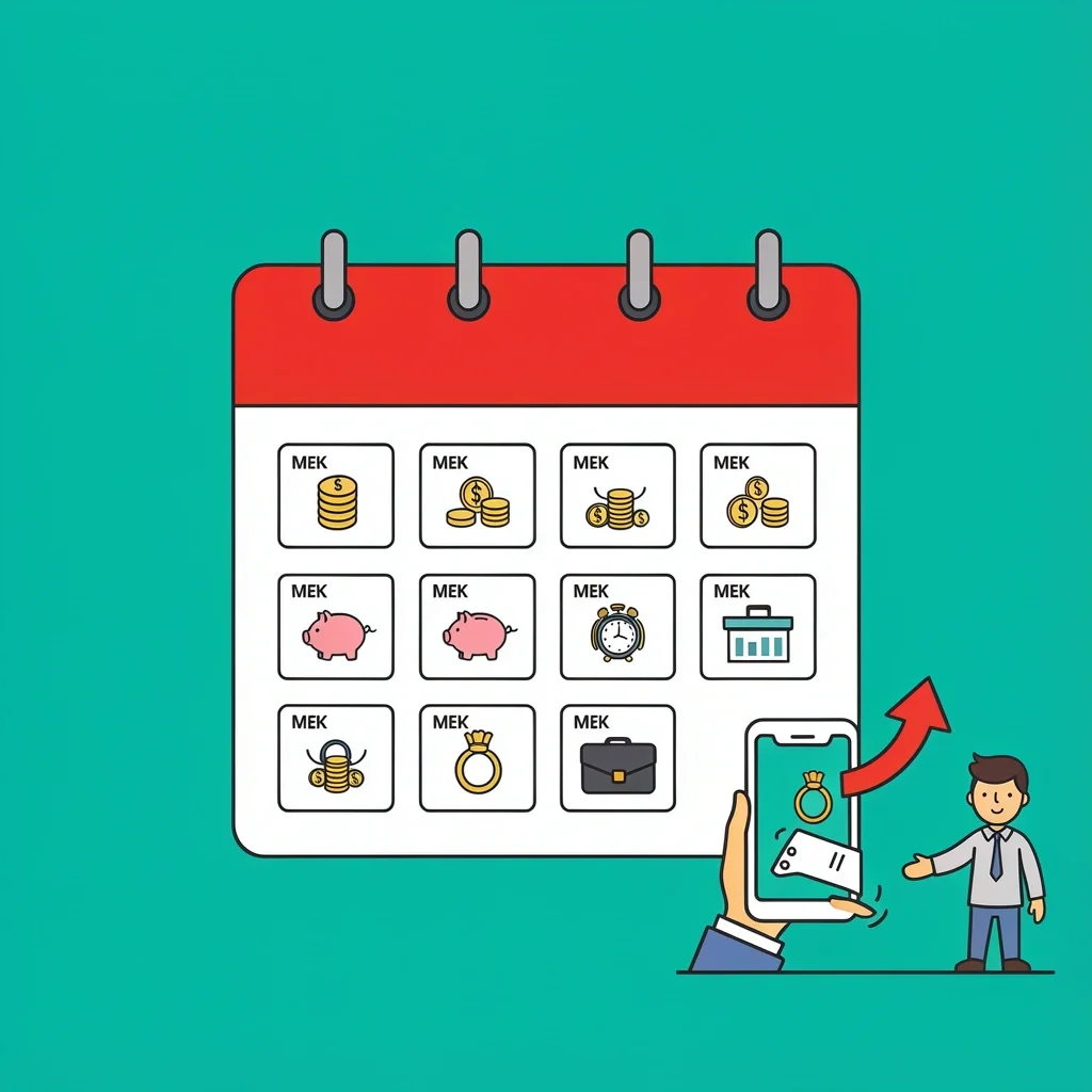 A calendar with 12 months and savings icons, an upward arrow leading to a wedding ring, and a person transferring money to a savings account