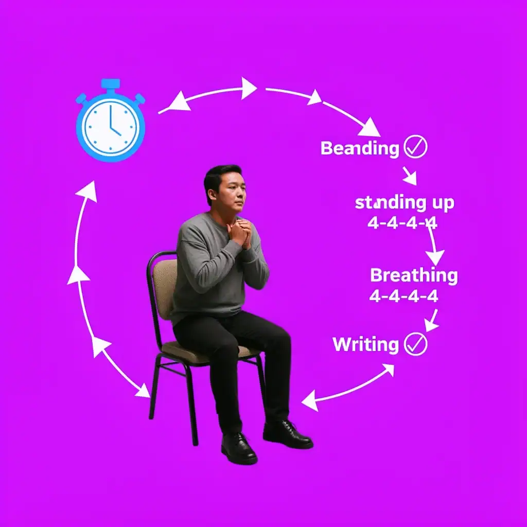 Illustration of a person doing box breathing with arrows showing the 15-minute stress reset protocol