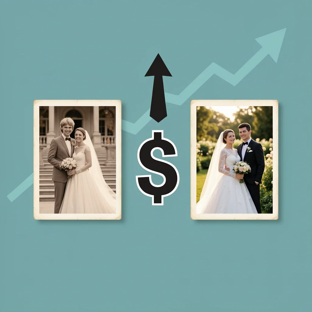 Historic vs Modern Wedding Cost Comparison Comparison of 1970s wedding versus modern wedding costs with an upward arrow showing inflation