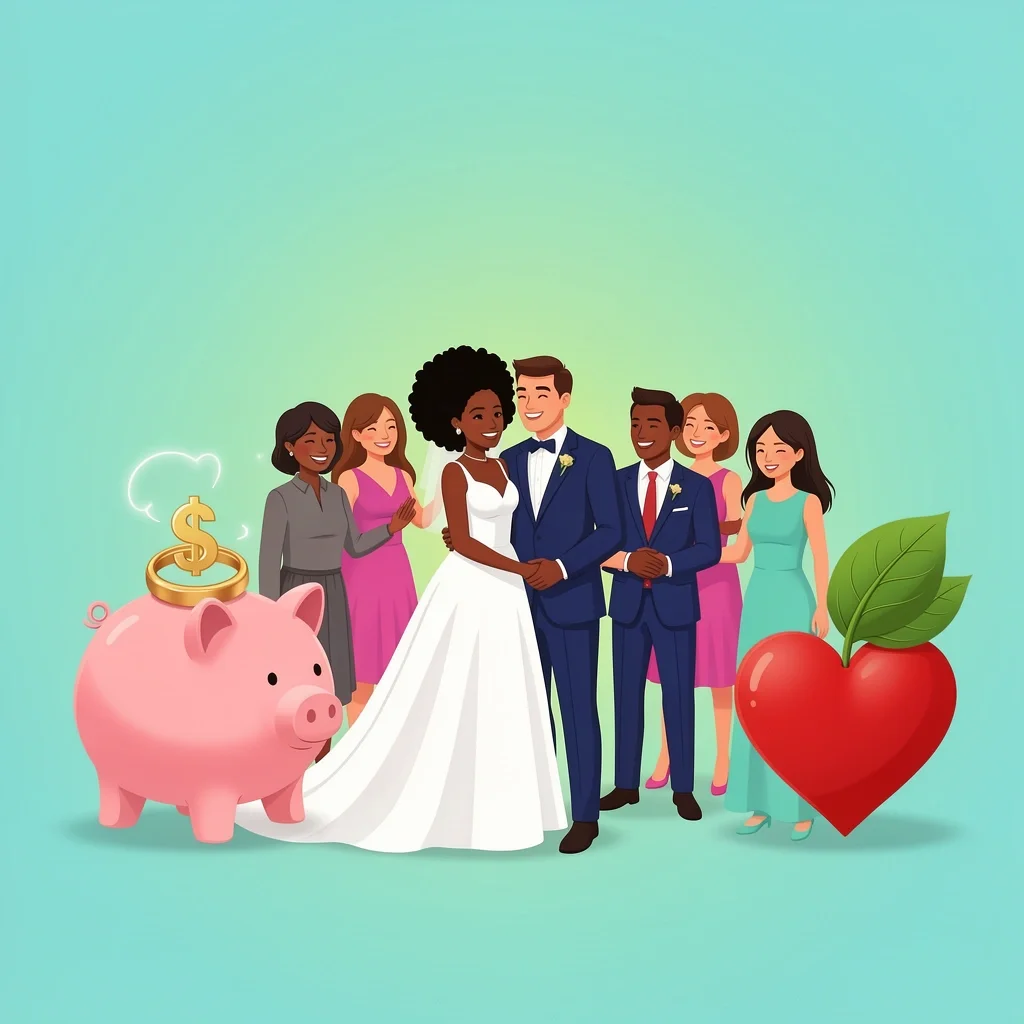 A 2D illustration representing 2024 wedding trends with a couple, economy symbol, guest experience, and authenticity