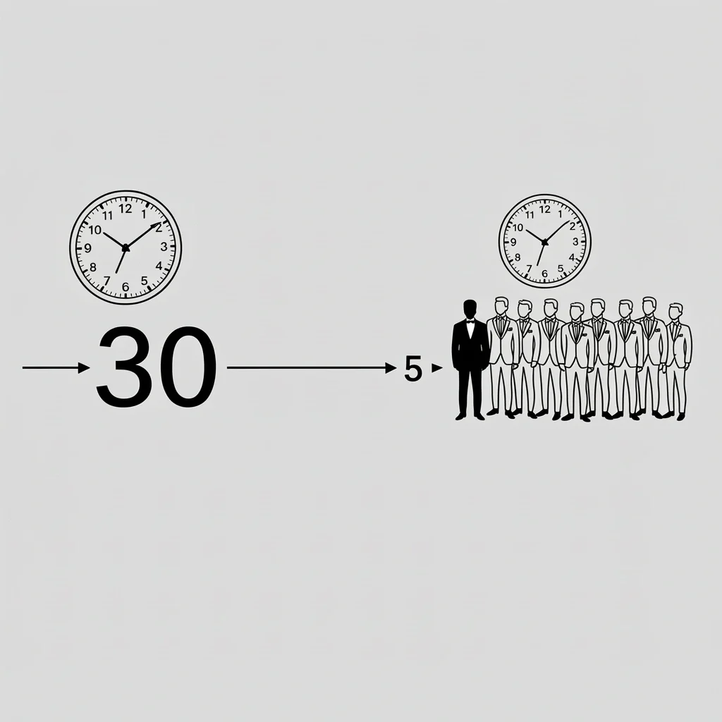 30-5 Minute Wedding Timing Rule Visual timeline of the 30-5 minute rule showing groom ready at 30 minutes and groomsmen at 5 minutes before ceremony