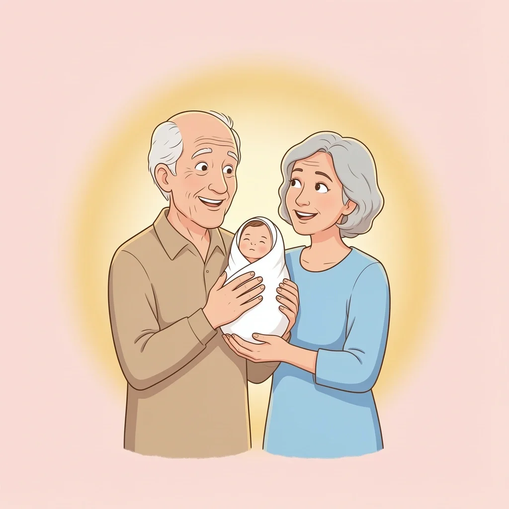 Abraham and Sarah's Miracle Elderly Abraham and Sarah holding a baby with a golden glow, symbolizing God's miraculous provision against all odds.