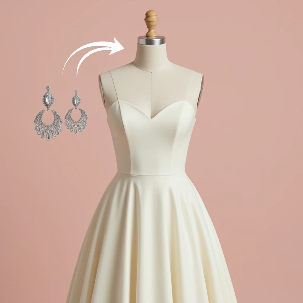 Dress form with sweetheart neckline and jewelry being placed, illustrating accessory matching