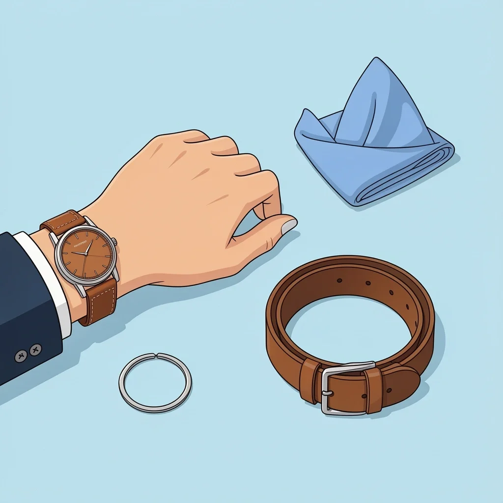 Watch, bracelet, pocket square, and belt as accessories for a blazer-free wedding outfit