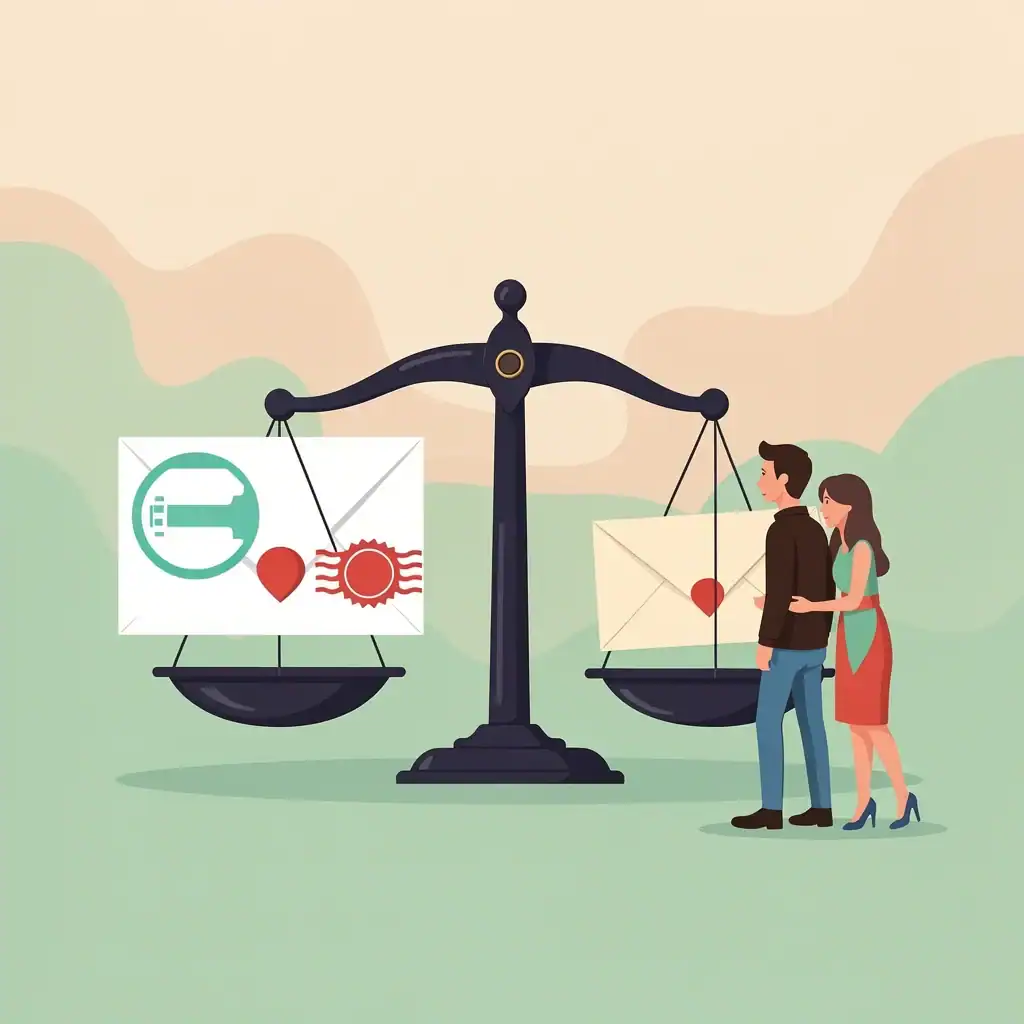 A balance scale comparing a digital envelope and a paper envelope, with a couple observing, illustrating the pros and cons of digital invitations