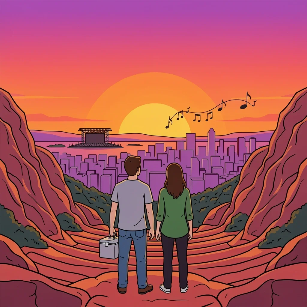 Denver Outdoor Adventure Date Illustration A couple watching the sunset from Red Rocks Amphitheatre with a cooler and musical notes in the distance