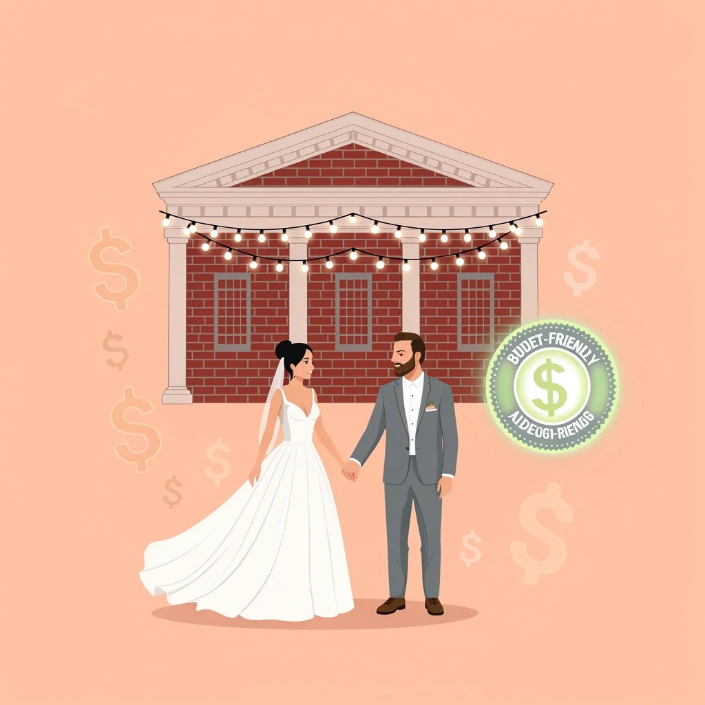 Illustration of a couple under string lights at an affordable Atlanta wedding venue with budget symbol