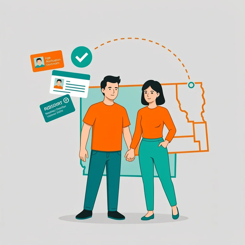 Couple with ID cards and state map illustrating age and residency rules for marriage license