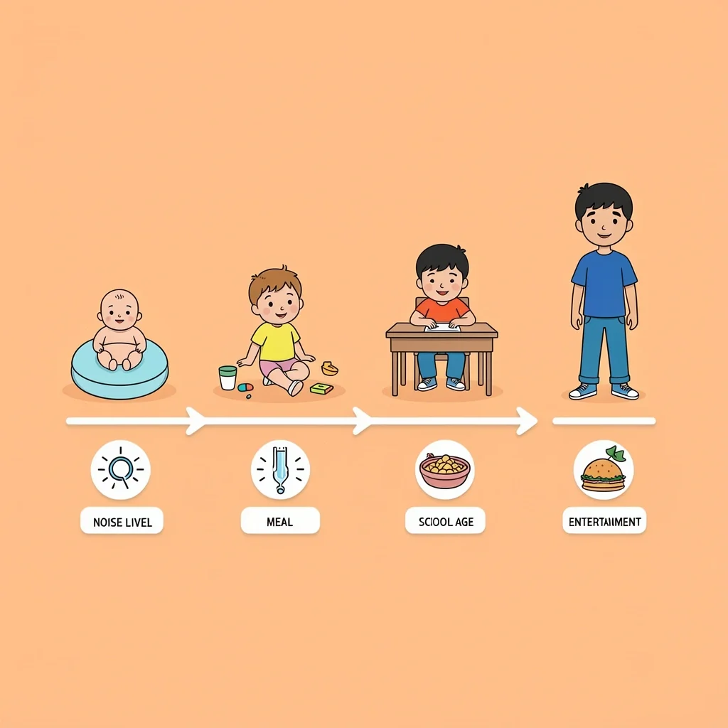 Children Age Spectrum Wedding Impact Timeline of children from baby to teenager with icons for noise, meal, and entertainment needs