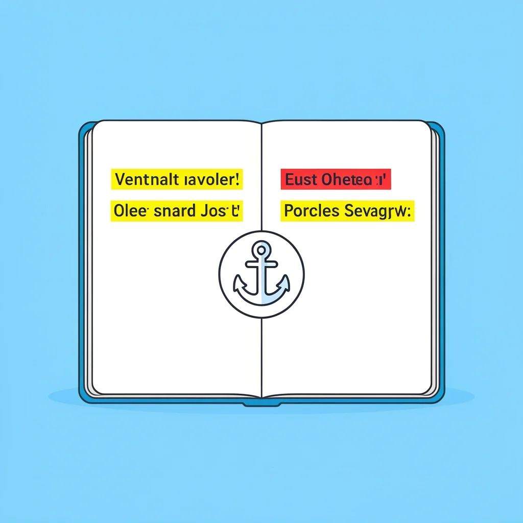 Open notebook with highlighted first and last sentences and an anchor icon between them