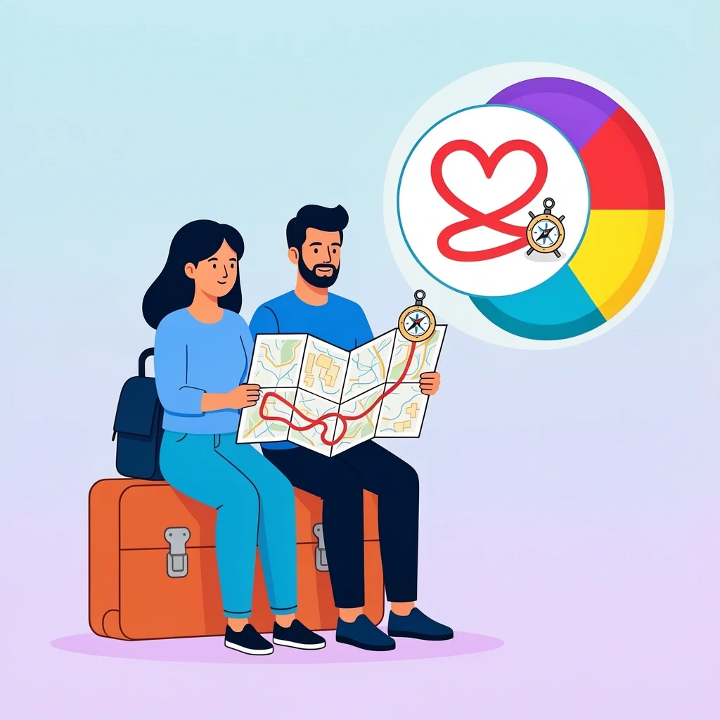 Couple planning a budget-friendly anniversary trip with map and compass, featuring a budget pie chart