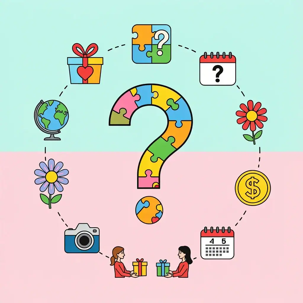 Anniversary Gift FAQs A question mark made of puzzle pieces surrounded by icons representing common anniversary gift questions.