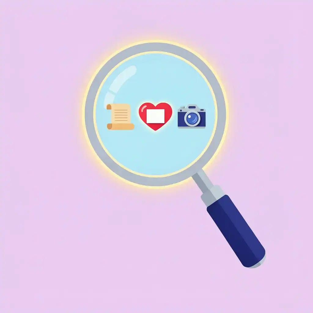Anniversary Gift Interpretation Guide A magnifying glass over three icons representing literal, symbolic, and experiential interpretations of anniversary gift themes.