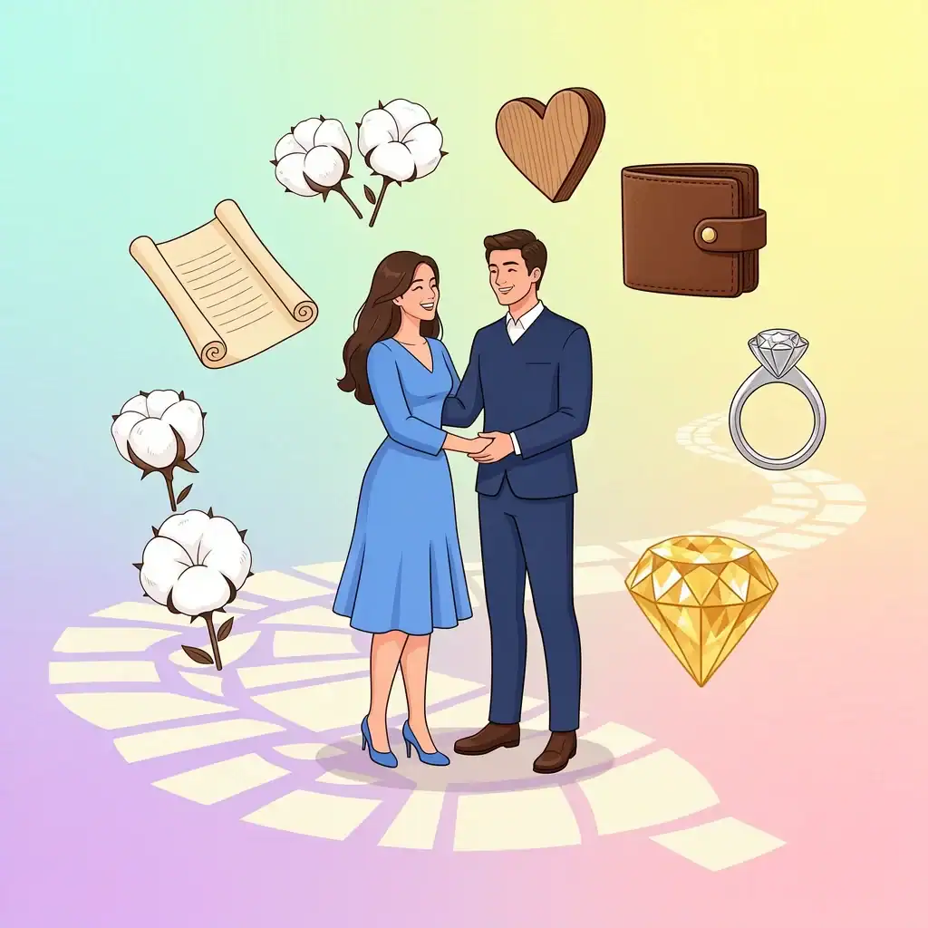 A couple celebrating their anniversary surrounded by symbolic gifts from different years like paper, cotton, leather, wood, silver, and gold.