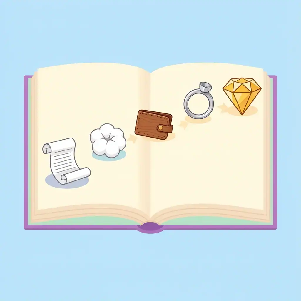 Anniversary Gift Themes Quick Reference An open book with colorful icons representing anniversary gift themes from paper to diamond, arranged in a progression.