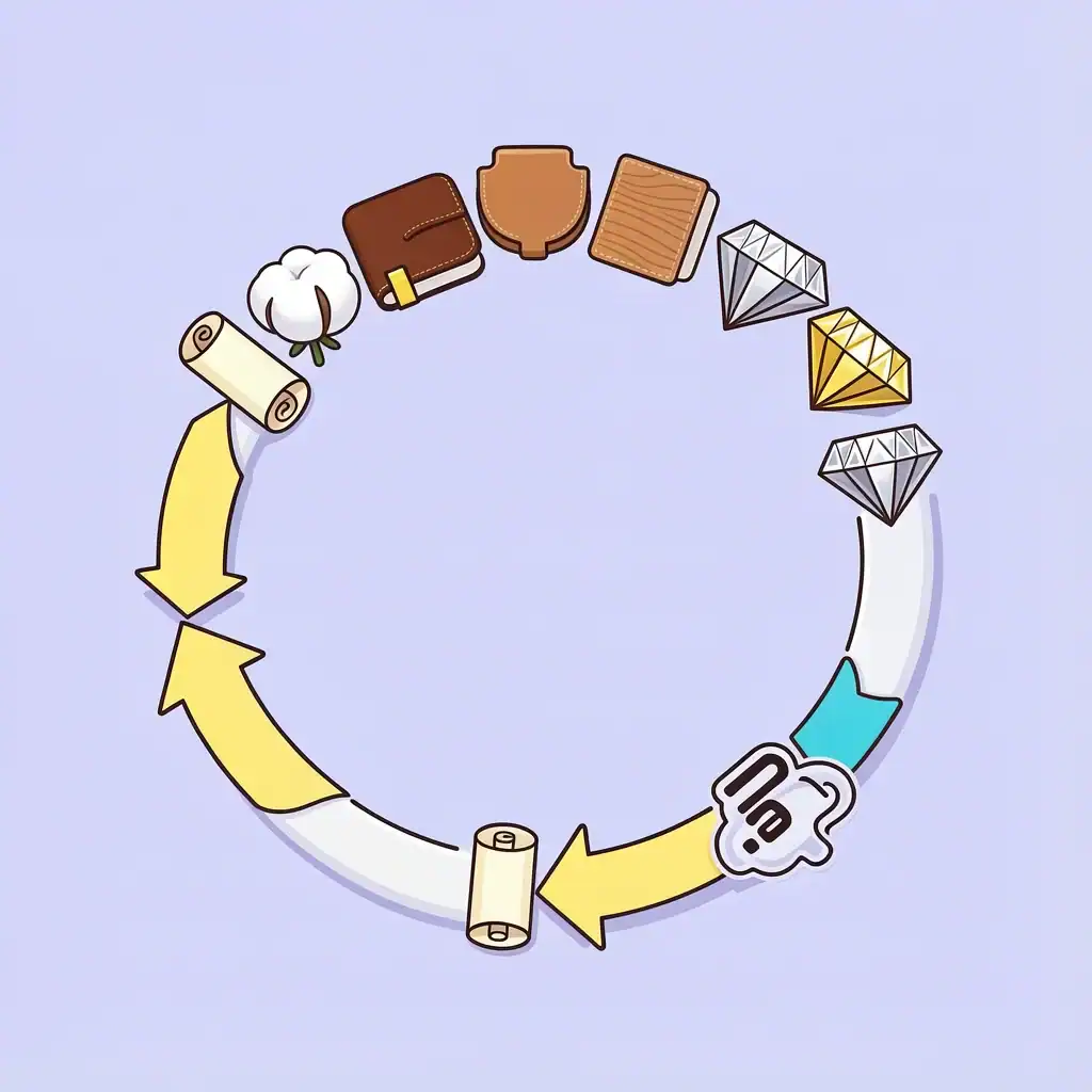 Anniversary Years Beyond 60 A circular path with anniversary icons from paper to diamond, with an arrow looping back to paper, symbolizing years beyond 60.