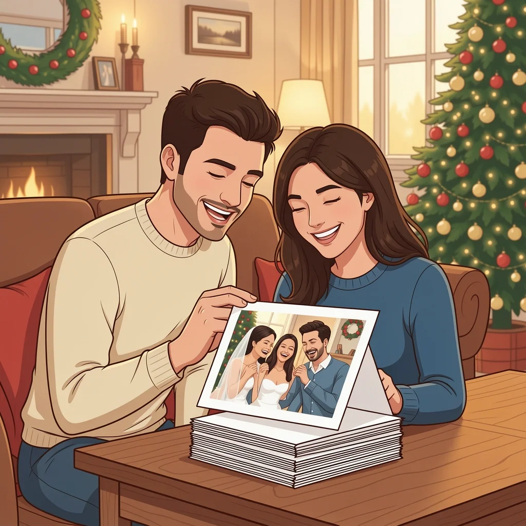 Checking Appropriateness of Wedding Photo on Christmas Card Couple reviewing Christmas cards with their wedding photo, cozy living room setting