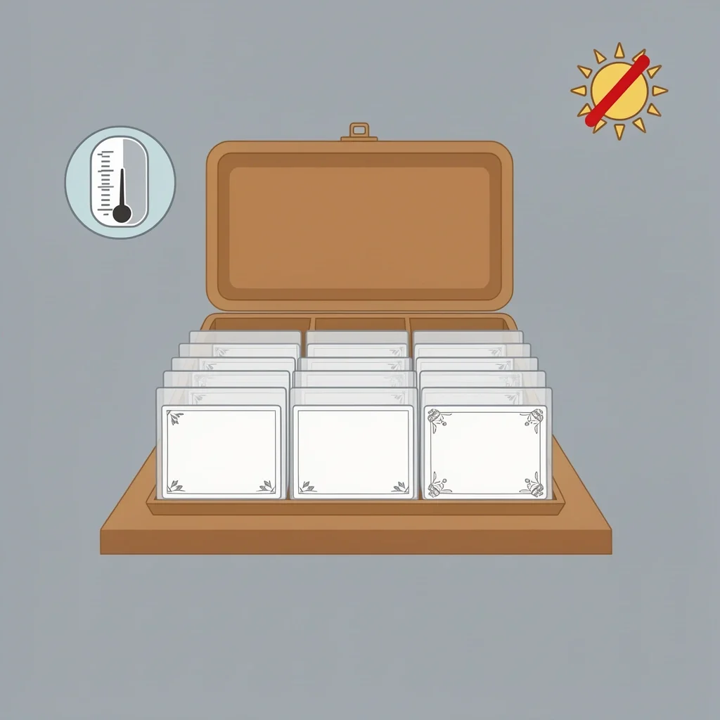 Proper Physical Storage for Wedding Cards Wedding cards stored in archival box with acid-free sleeves and protective icons