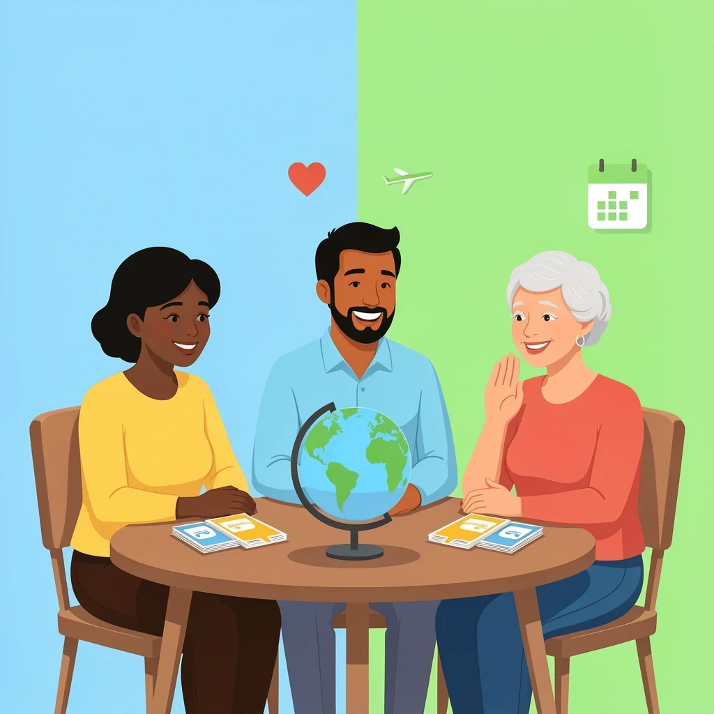 Family Travel Discussion Couple asking family member about traveling to a destination wedding