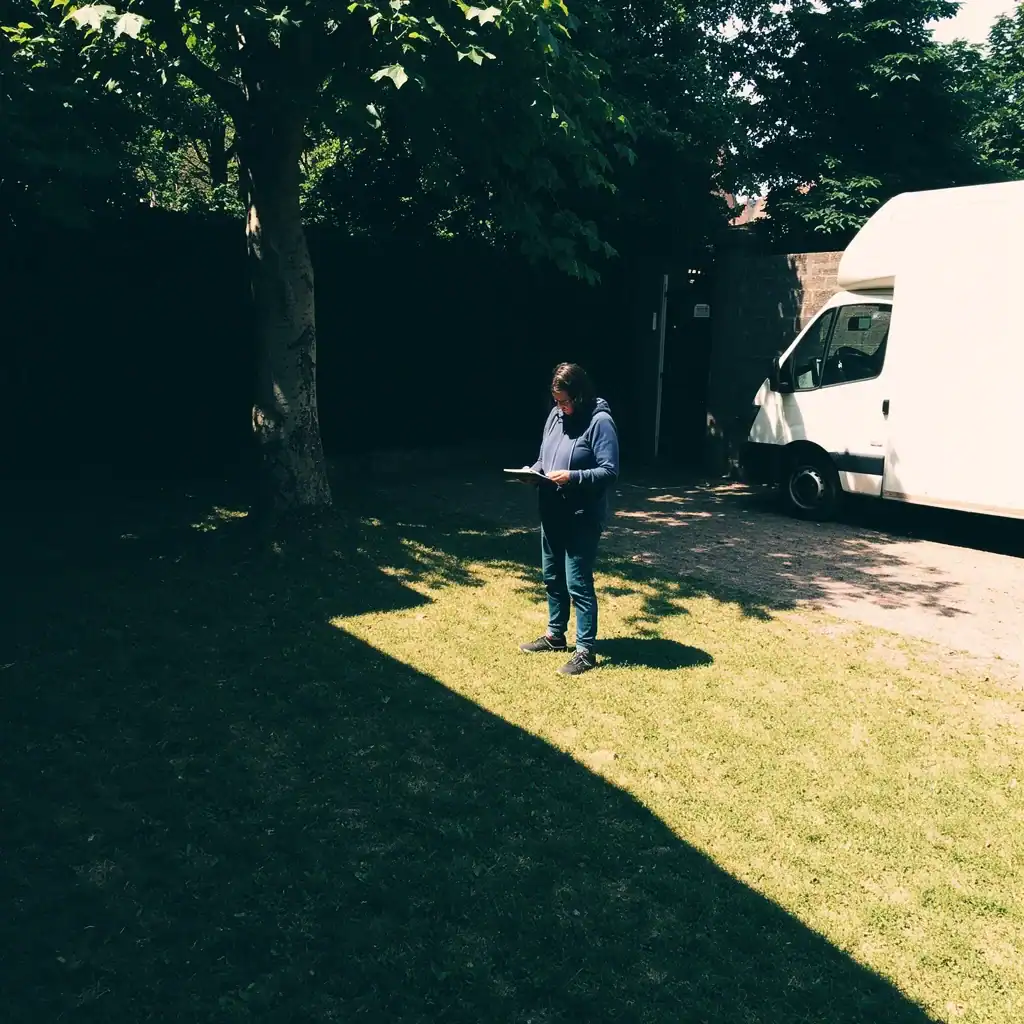 Person with a notebook assessing backyard sun direction, ground condition, and access points for wedding setup
