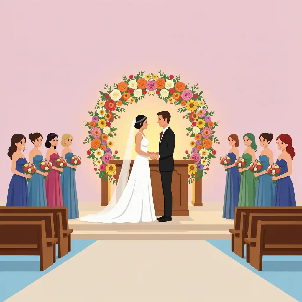 Asymmetrical wedding party with bridesmaids on one side and groom alone at altar