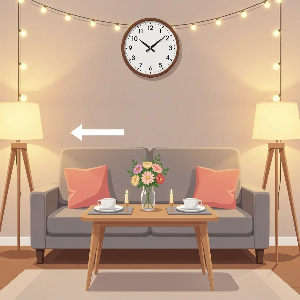 At-Home Date Essentials Designated date night space in a modern living room with table setting, candle, and clock showing start time