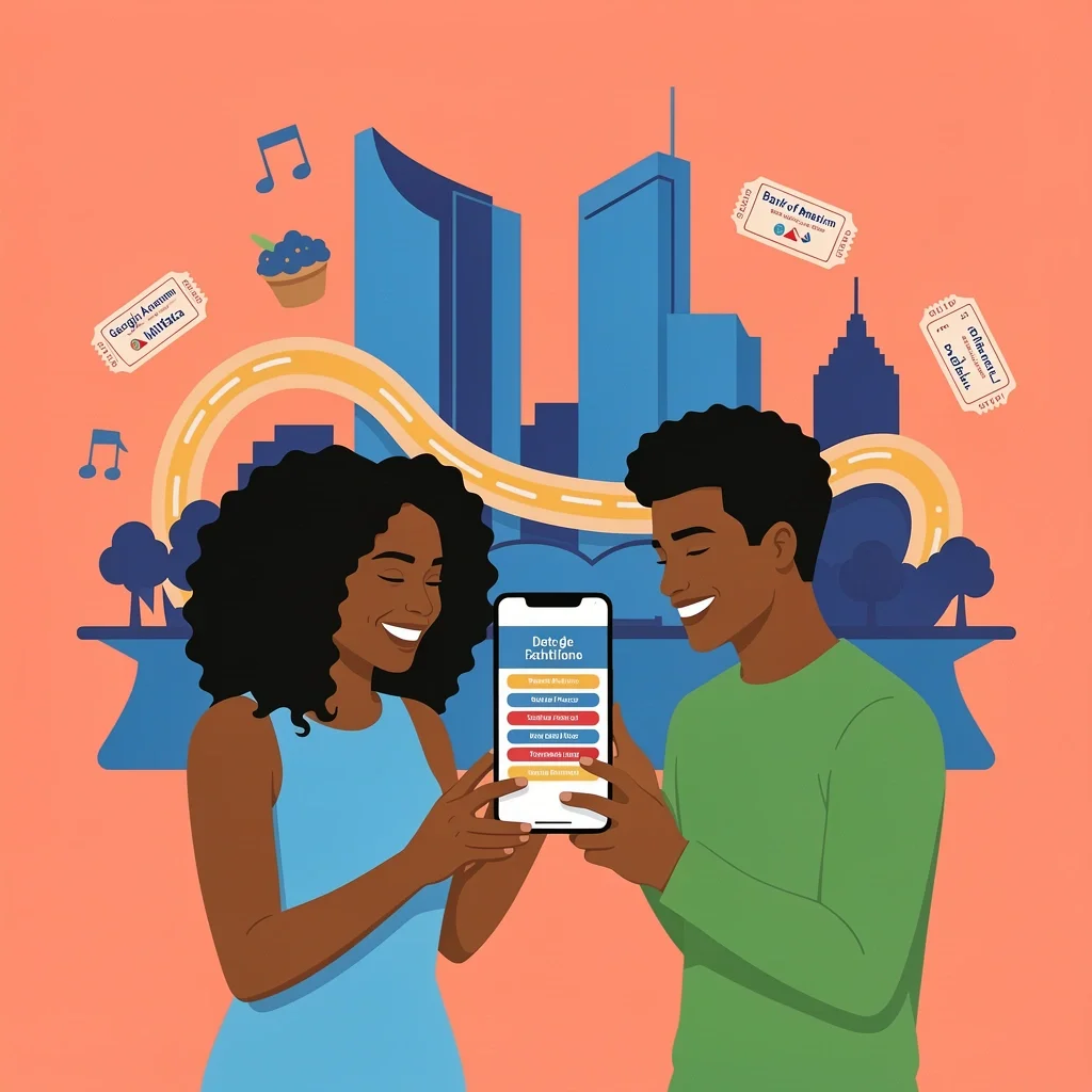 Happy couple planning a date night in Atlanta with city skyline and activity symbols in the background