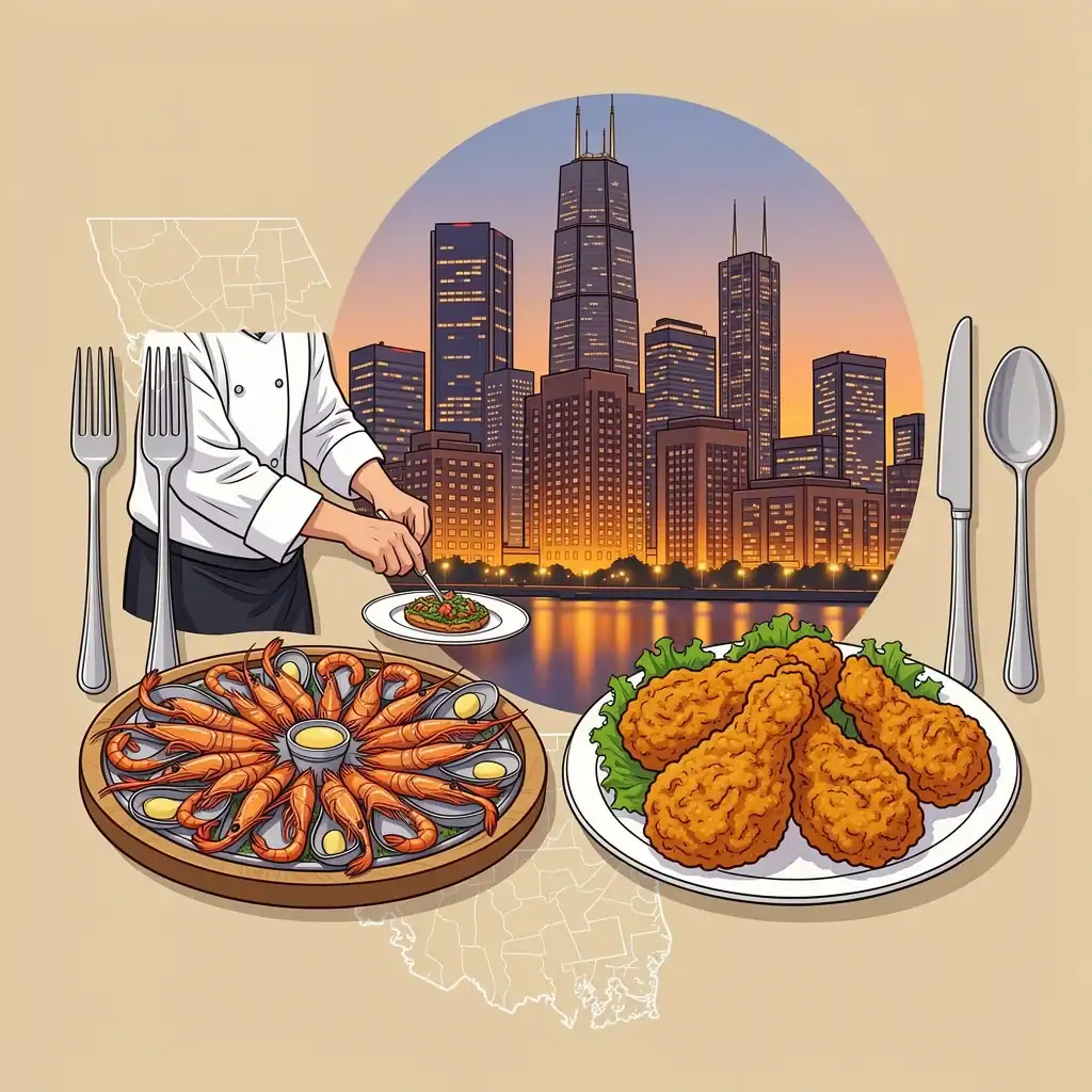 Collage of Atlanta fine dining scenes featuring chef plating, city skyline, and signature dishes