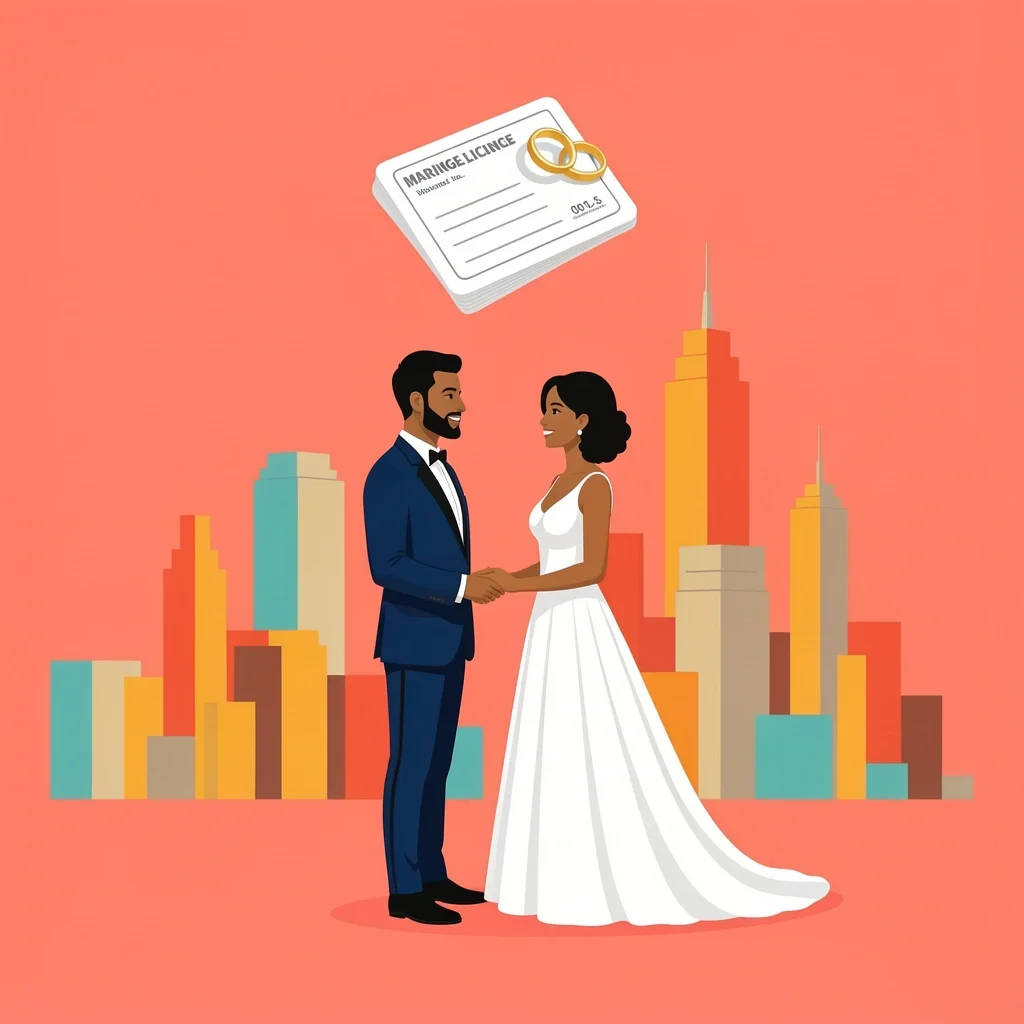Couple in wedding attire facing each other with Atlanta skyline, rings, and marriage license floating above