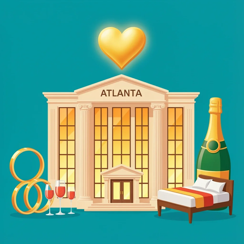 Featured illustration of Atlanta wedding hotels with glowing heart and wedding icons