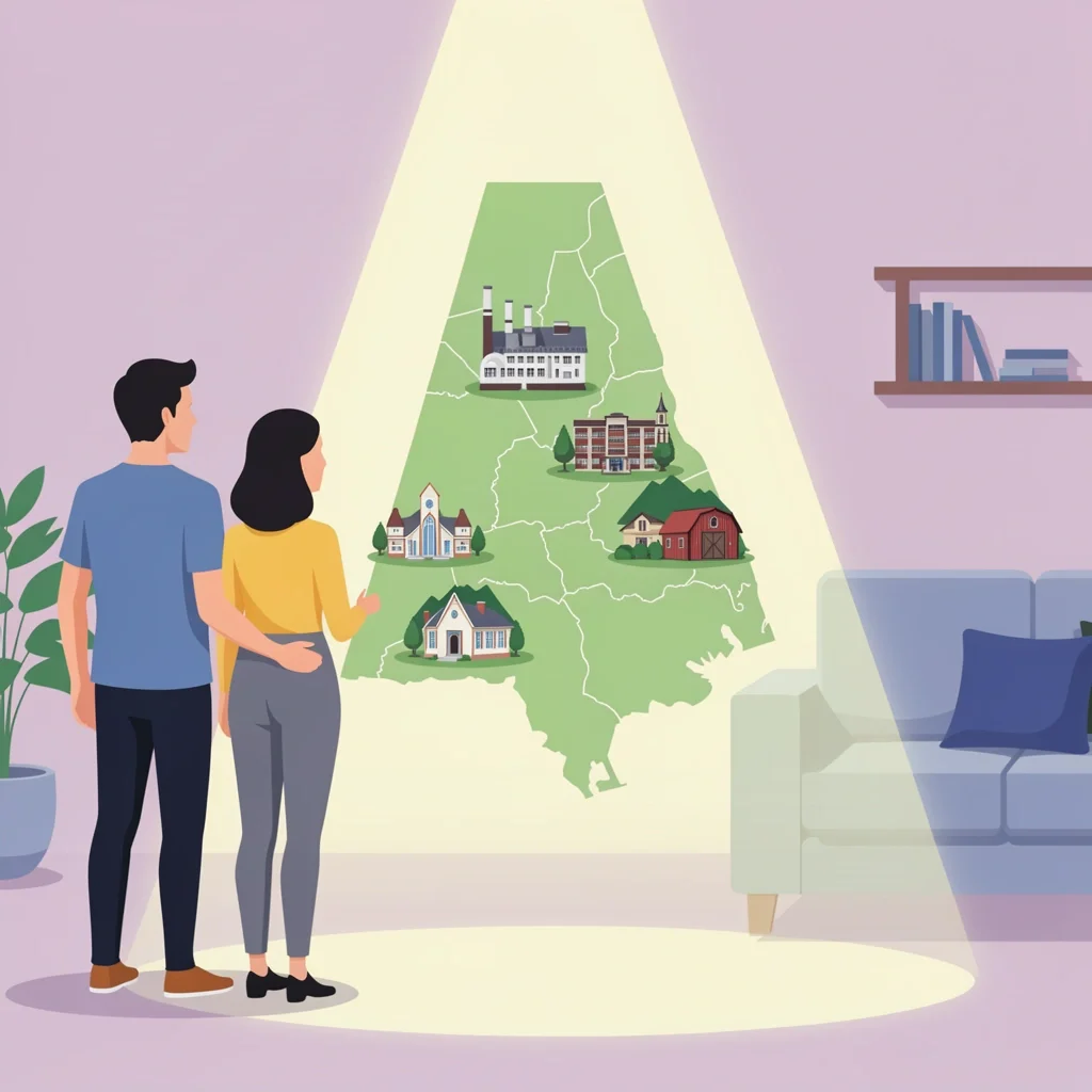 Couple viewing a glowing spotlight on an Atlanta map with wedding venue icons