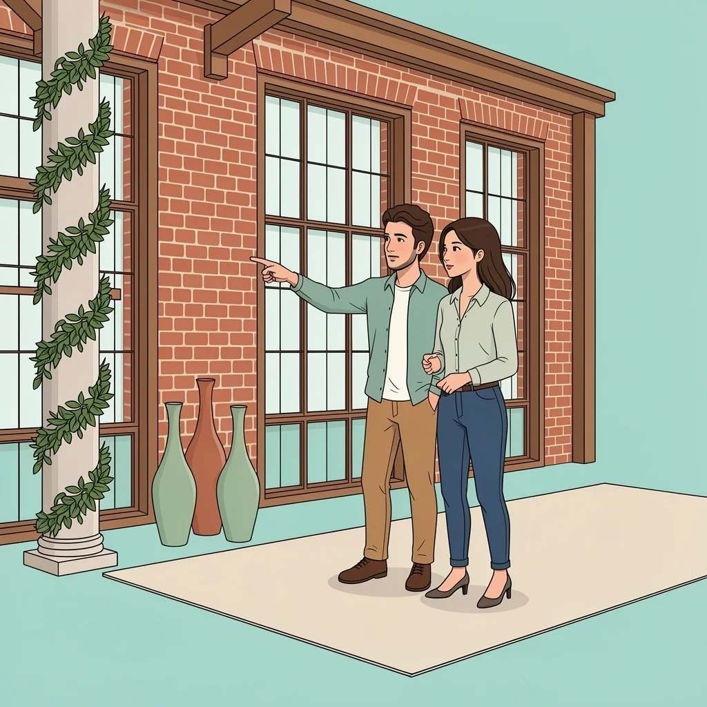 Couple auditing venue architecture with exposed brick and wooden beams, pointing at a column decorated with greenery garlands and tall vases.
