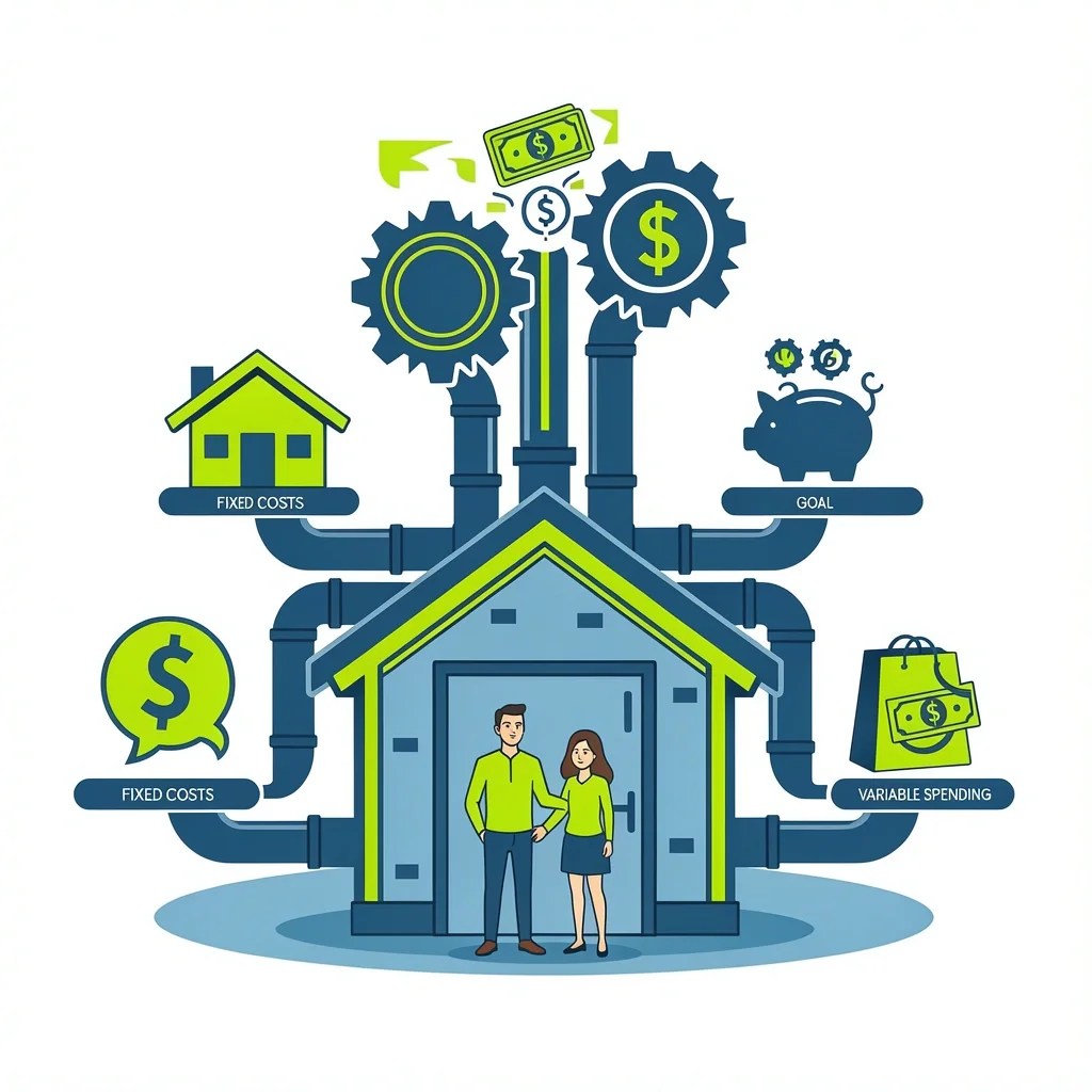 Automation Architecture for Budgeting A house made of gears and pipes with money flowing automatically to different rooms, symbolizing automated budgeting.