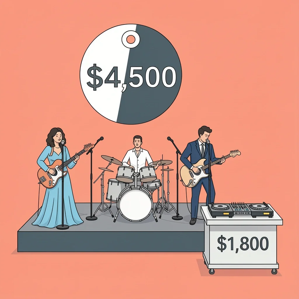 Average Live Wedding Band Cost Comparison Vector illustration comparing average cost of live wedding band at $4,500 with DJ at $1,800 against coral background