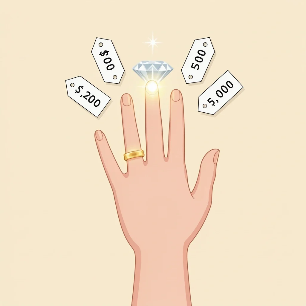 Wedding Ring Average Cost Range Vector illustration of hand with gold wedding ring and price range tags from $30 to $5,000 on champagne background