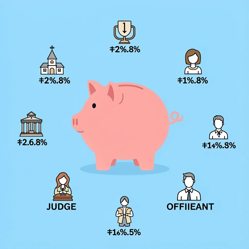 Piggy bank with icons of church, judge, and secular officiant showing cost ranges