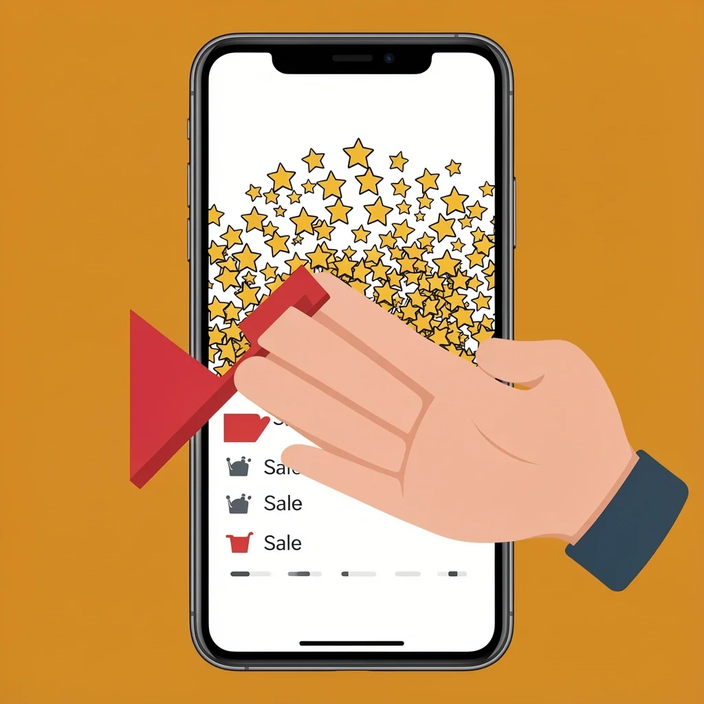 How to Spot the Etsy Favorite Scam Vector illustration of a smartphone showing a listing with many fake favorite stars and few sales, with a red flag and stop hand gesture