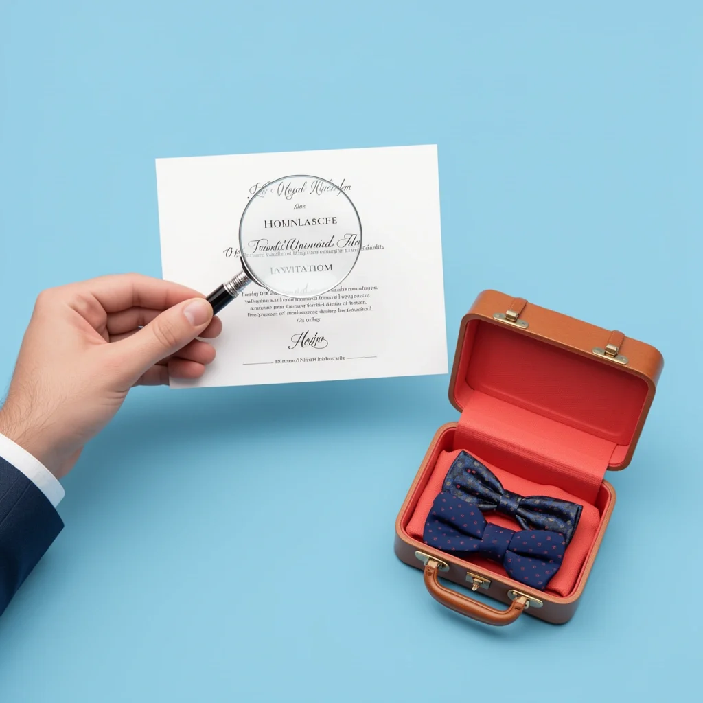 How to Gauge Church Wedding Formality Man reading wedding invitation and bag with formal accessories to adjust formality