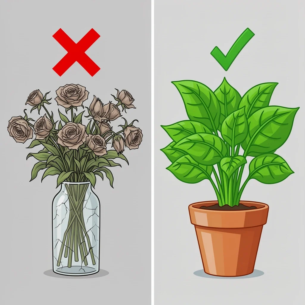 Comparison of a wilted bouquet with a red X and a healthy potted plant with a green checkmark, illustrating what to avoid when giving gifts after baby loss.