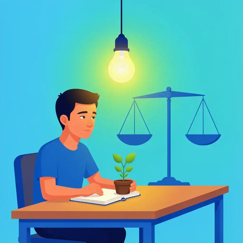 A person sitting at a desk with a glowing lightbulb and a plant, symbolizing balance and growth to avoid burnout