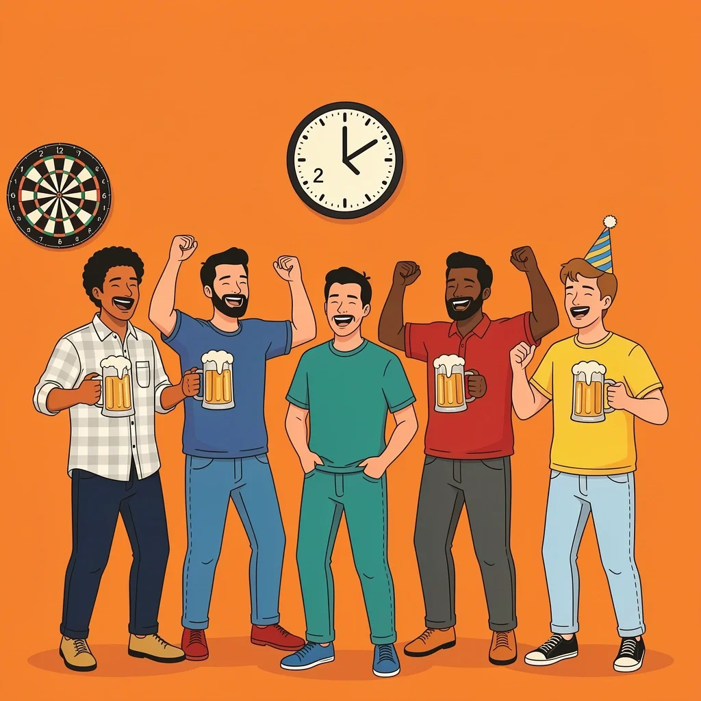 Bachelor Party Planning Group of men cheering with beer mugs in a pub with a dartboard and backup plan clock icon