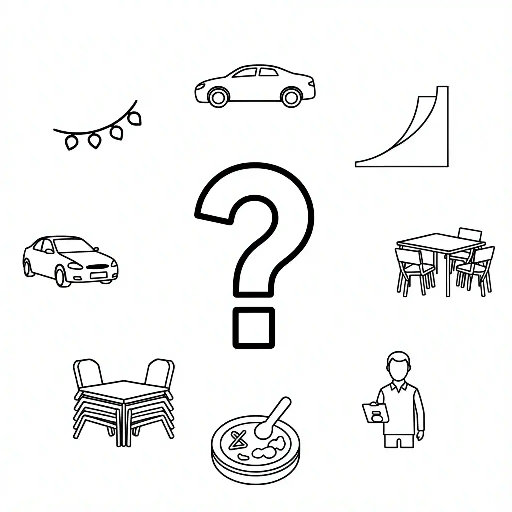 Icons representing common backyard wedding FAQs: lighting, parking, slope, rentals, allergies, and a coordinator