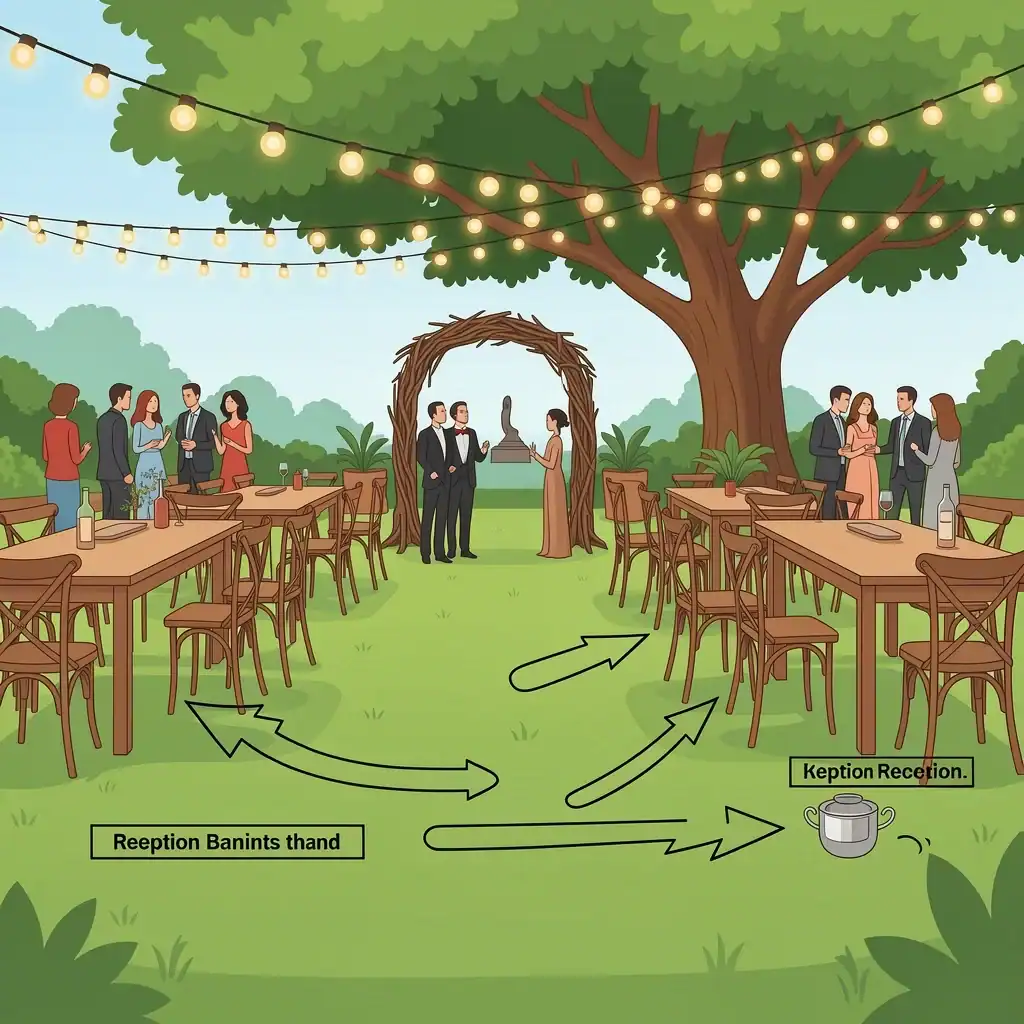 Aerial view of a backyard wedding layout showing ceremony, reception, and guest amenity zones with visual flow paths