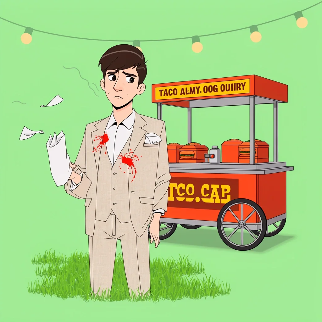 Guest with salsa stain on linen jacket at backyard wedding taco cart