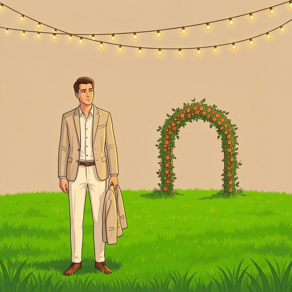 Man in linen jacket contemplating outfit choice at backyard wedding with string lights