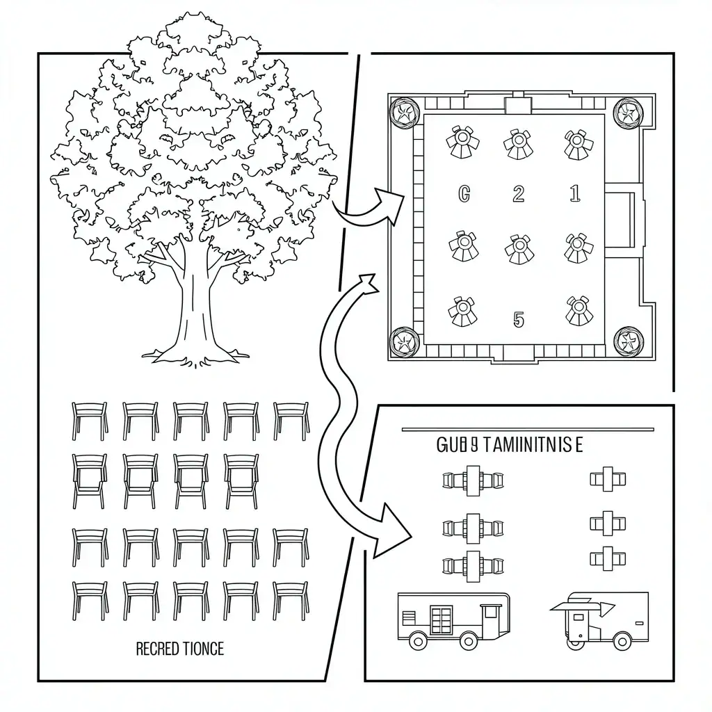 Three backyard zones for ceremony, reception, and guest amenities connected by visual pathways