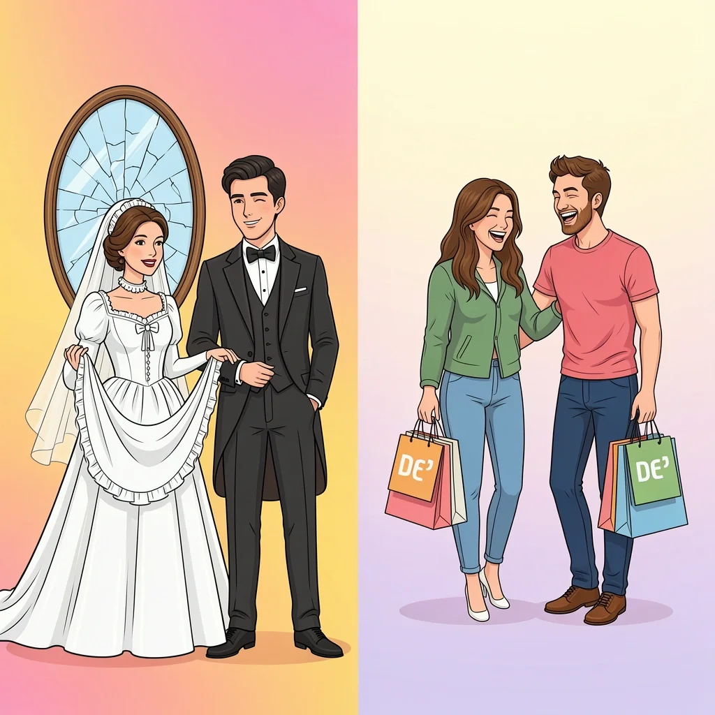 Bad Luck Superstition Wedding Dress Shopping Split illustration comparing Victorian superstition of bad luck with modern couple happily shopping for a wedding dress