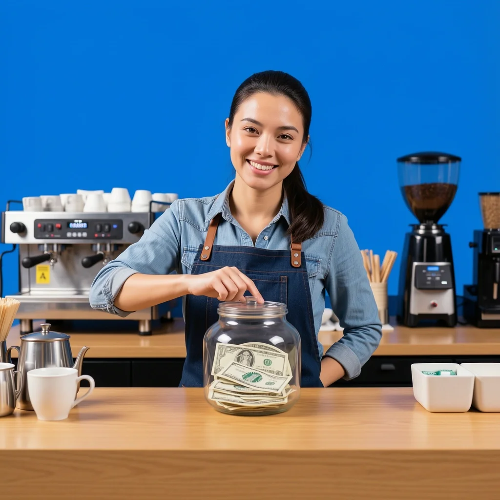 Barista Tip Jar Wedding Strategy Smiling barista points to a tip jar with dollar bills at a Starbucks counter, hinting that tipping first improves chances of a free drink