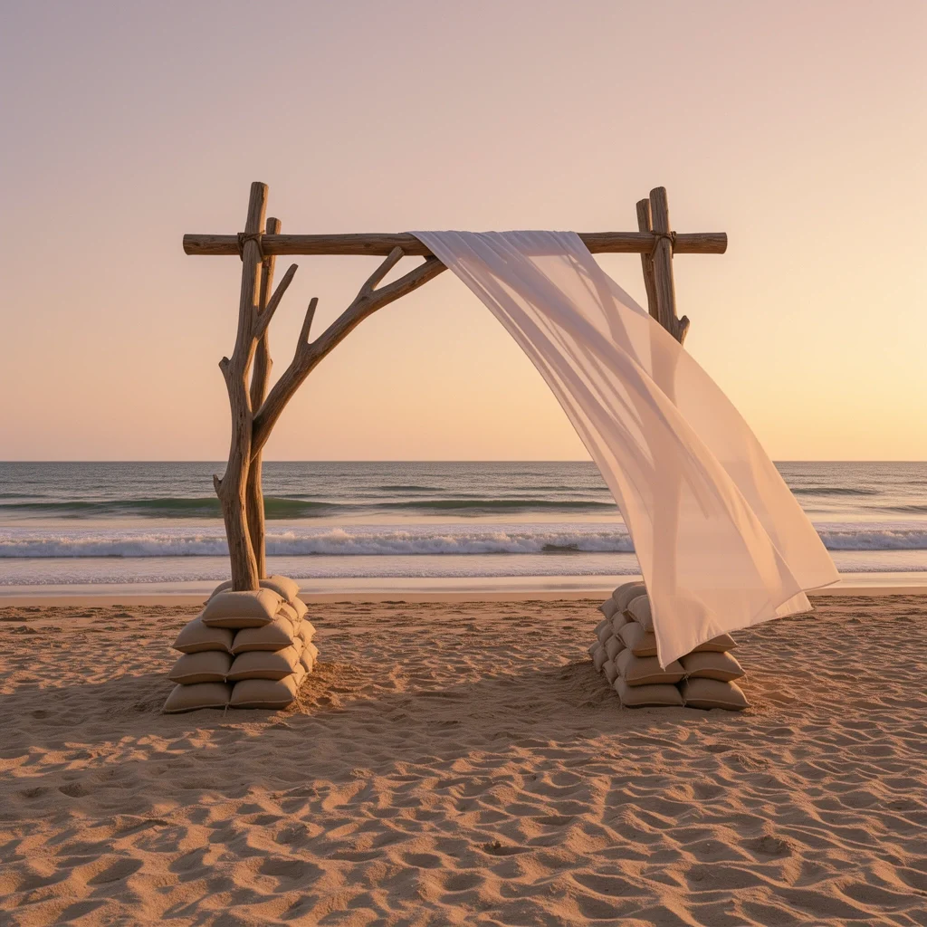 Beach Wedding Altar with Driftwood Low driftwood wedding arch on a sandy beach with sheer curtain and calm ocean background