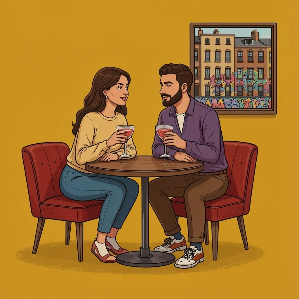 Bohemian Night in Belleville Alegria style illustration of a couple enjoying cocktails in a vintage Belleville bar with street art visible through the window.